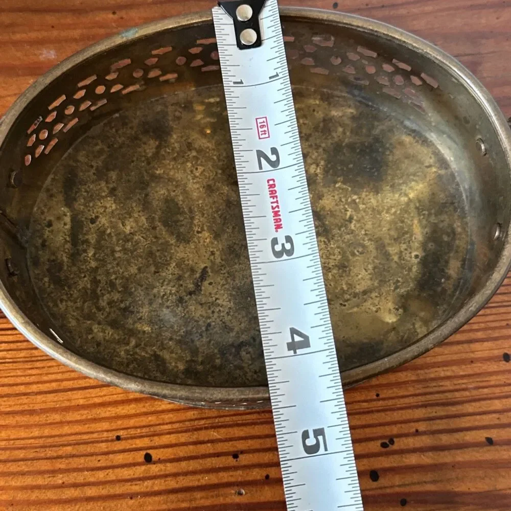 Vintage Brass Oval  Tray/Basket With Handles 7.5” x 4.5” x 1.75”